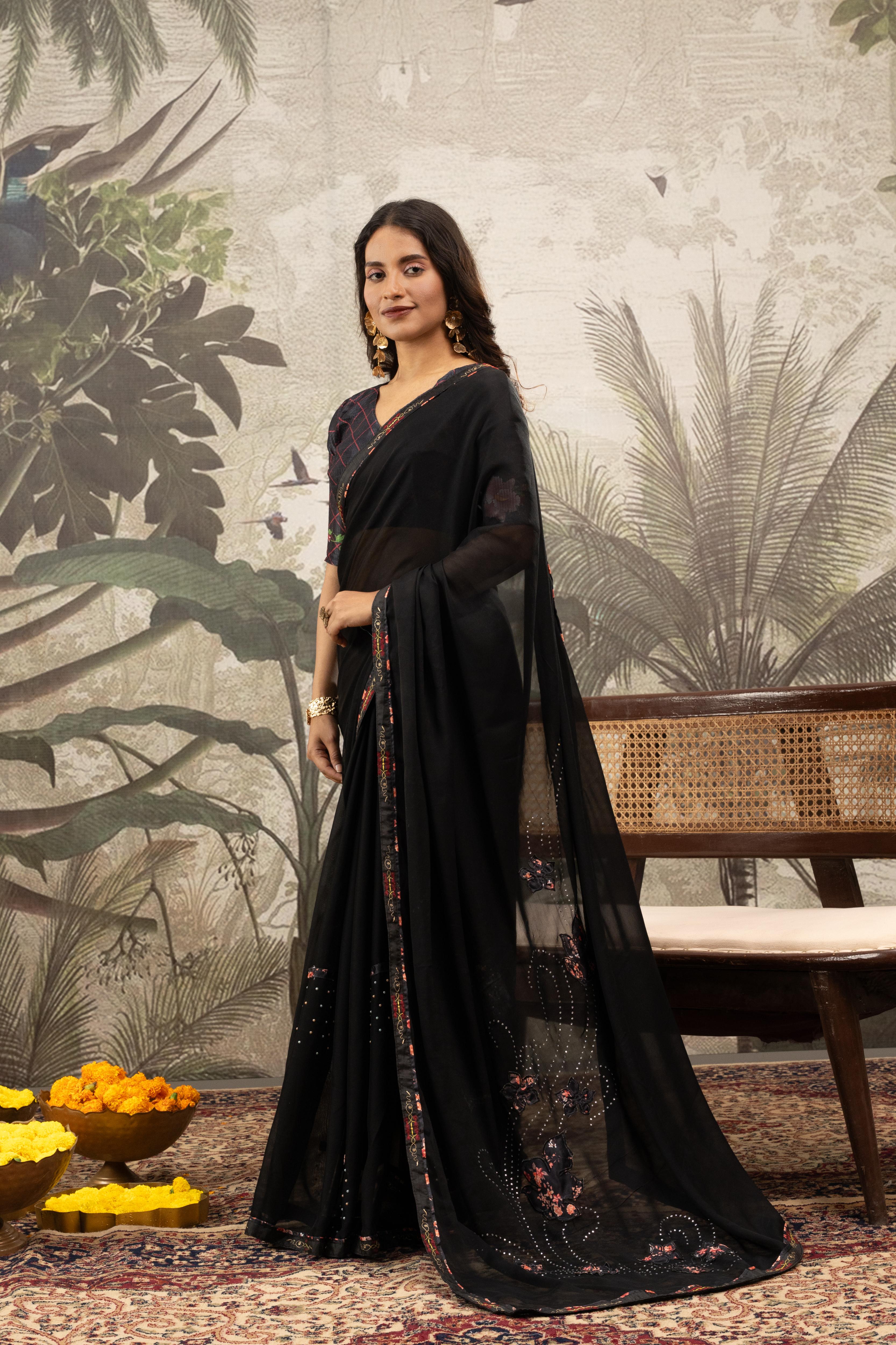 Chic Black Georgette Silk Saree with Diamond Work