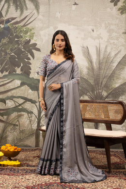 Elegant Grey Georgette Silk Saree with Embroidery