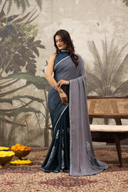 Navy & Grey Crepe Saree with Handcrafted Detail