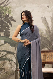 Navy & Grey Crepe Saree with Handcrafted Detail