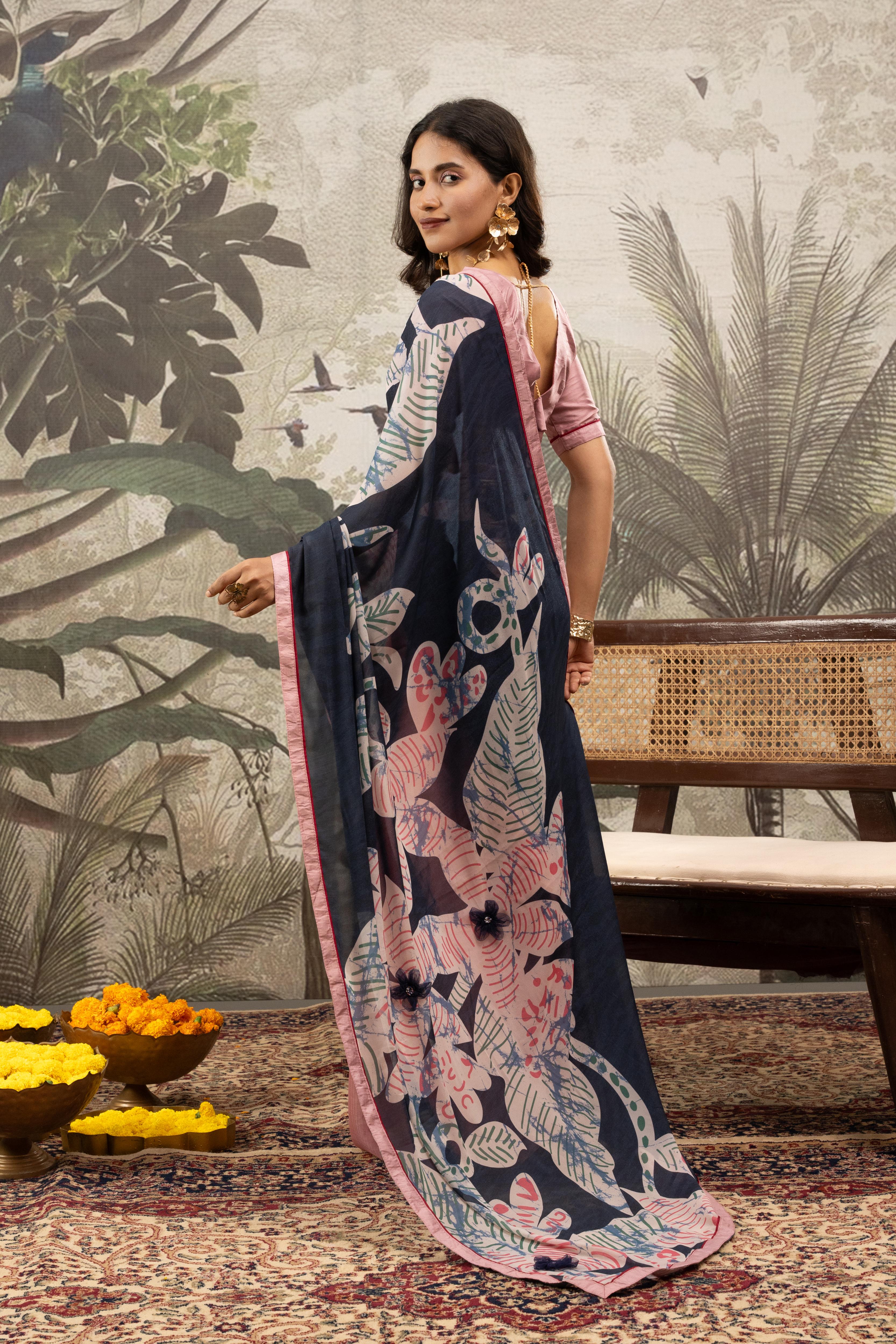 Graceful Pink & Grey Digital Printed Crepe Saree