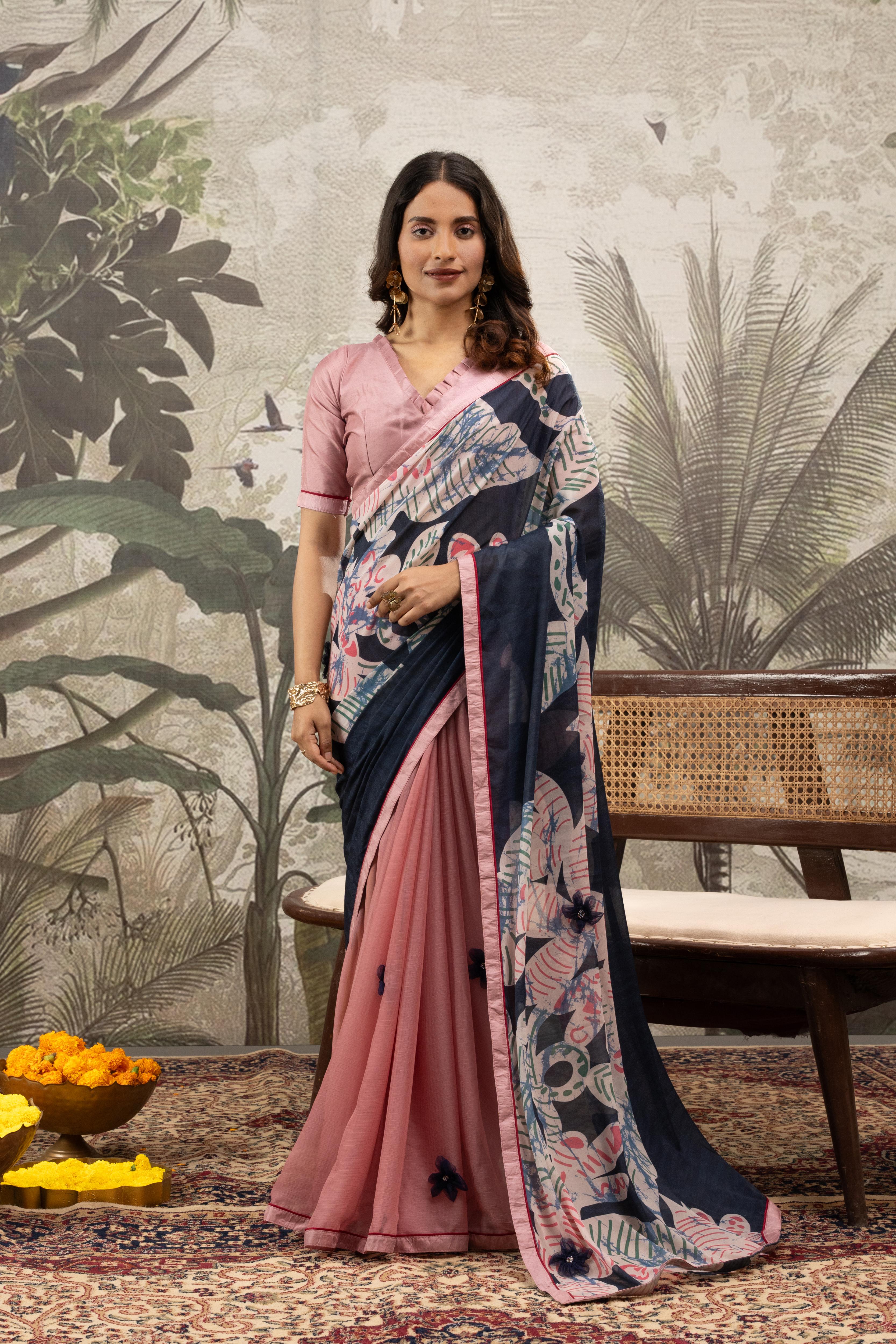 Graceful Pink & Grey Digital Printed Crepe Saree