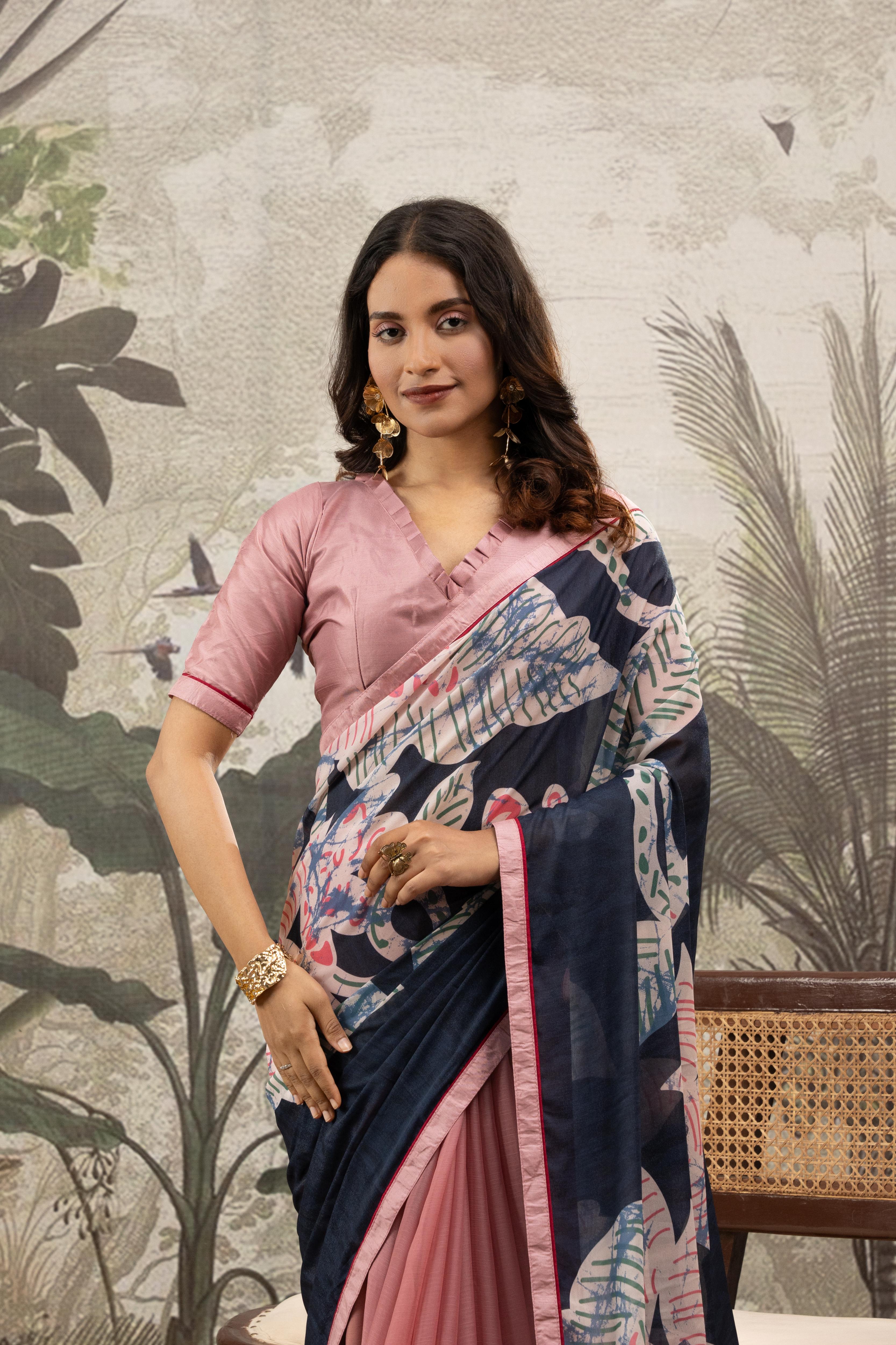 Graceful Pink & Grey Digital Printed Crepe Saree
