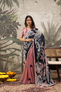Graceful Pink & Grey Digital Printed Crepe Saree