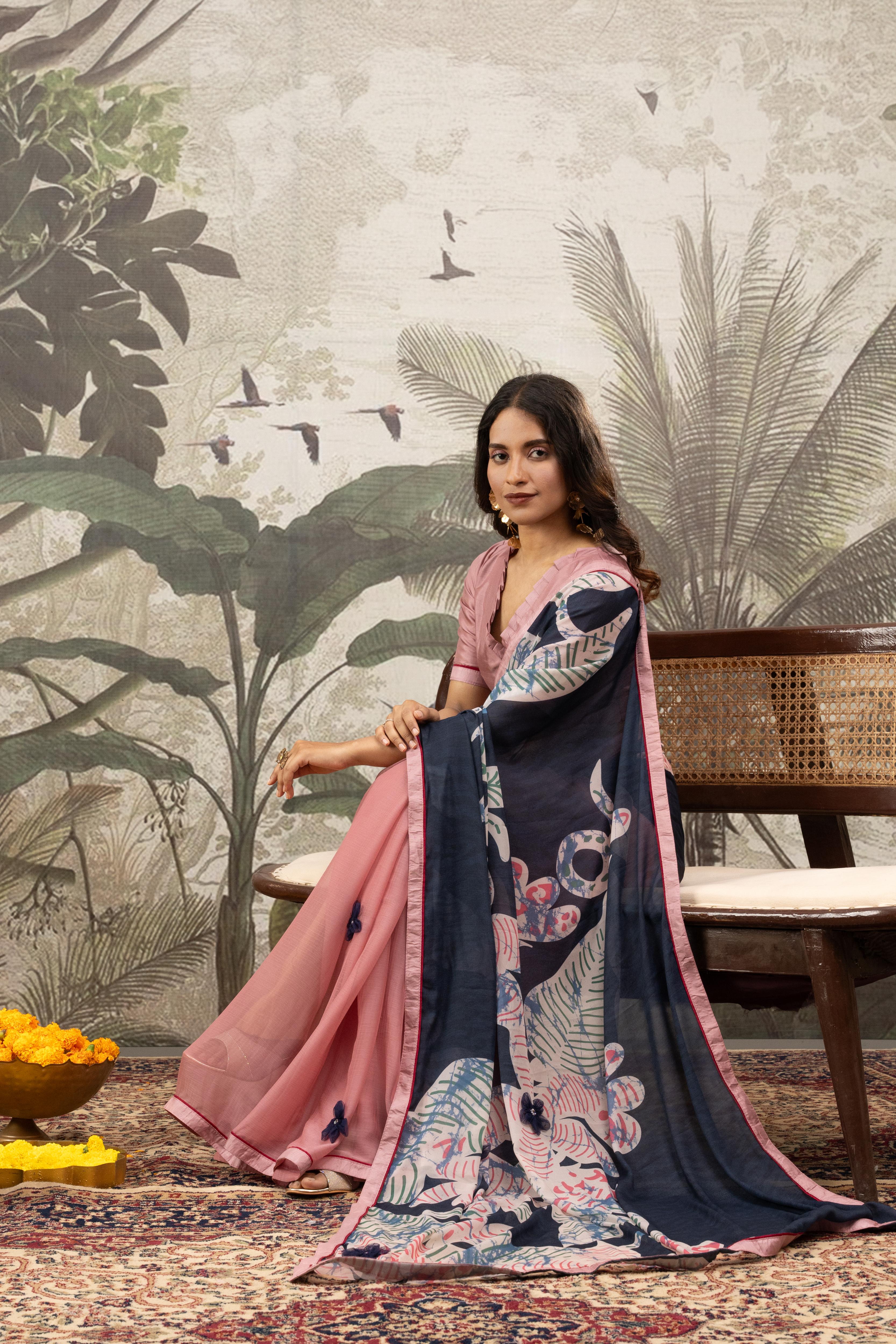 Graceful Pink & Grey Digital Printed Crepe Saree