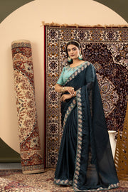 Navy Blue Sparkle Georgette Saree with Cyan Blouse