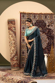 Navy Blue Sparkle Georgette Saree with Cyan Blouse