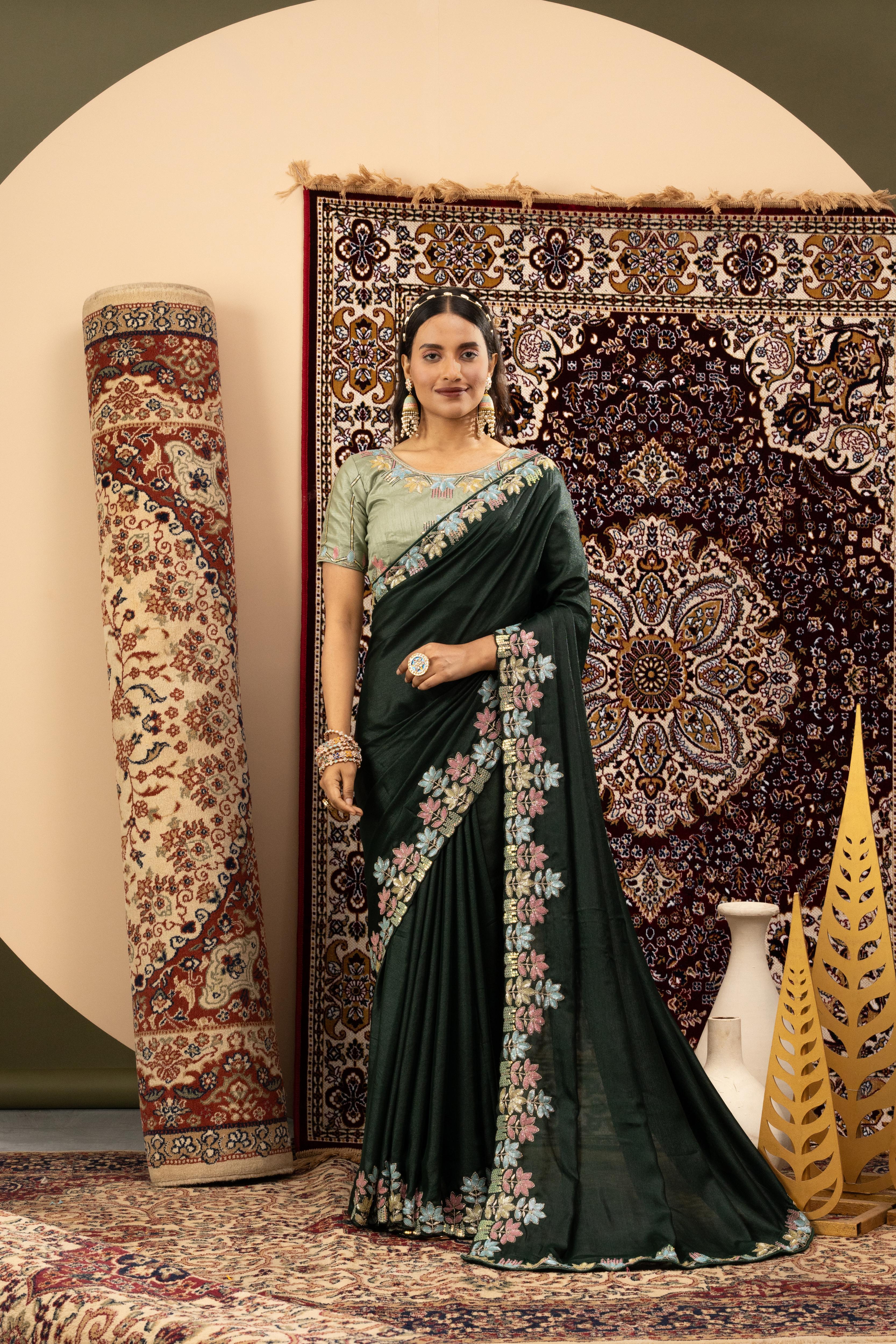 Green Sparkle Georgette Saree with Embroidery