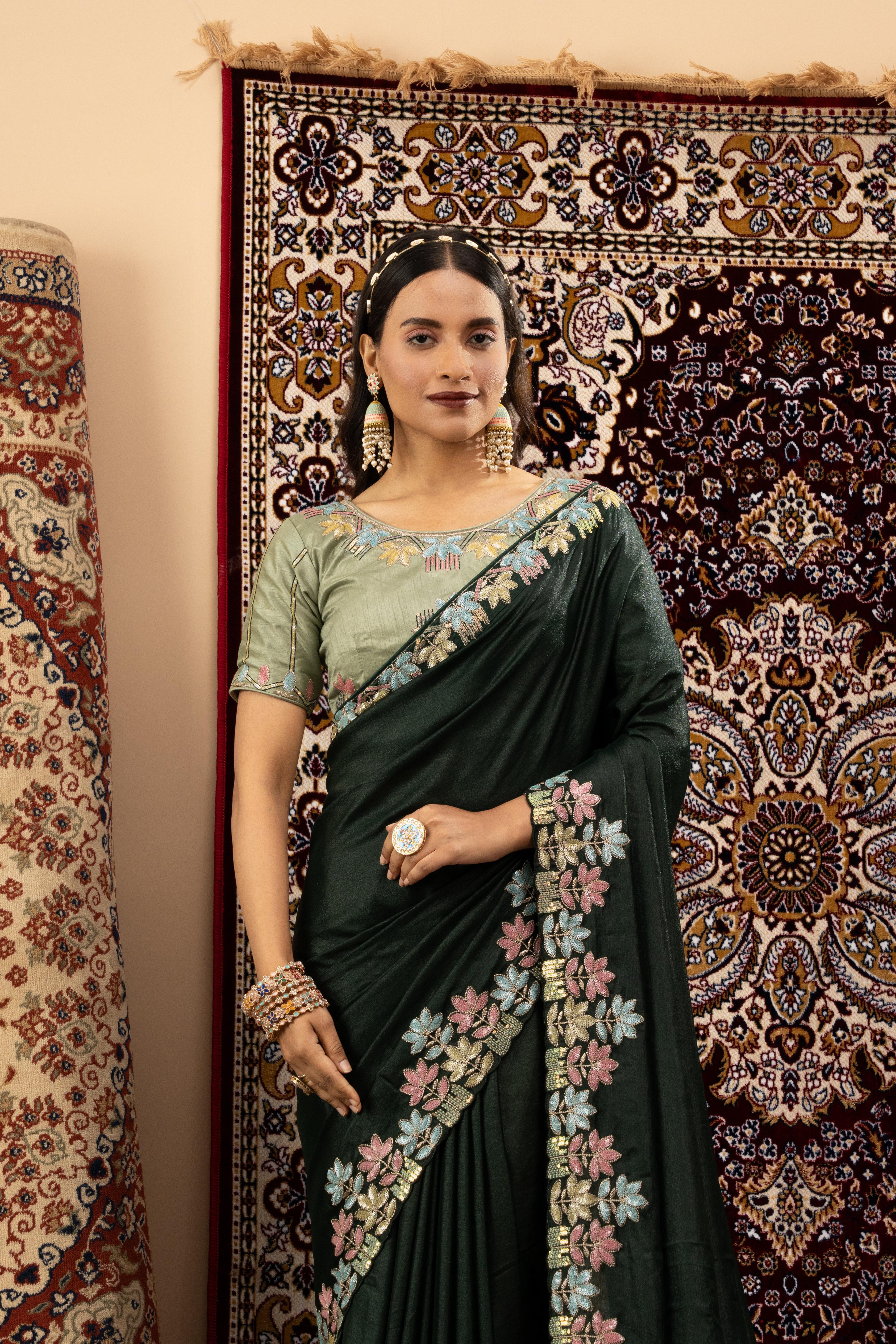 Green Sparkle Georgette Saree with Embroidery
