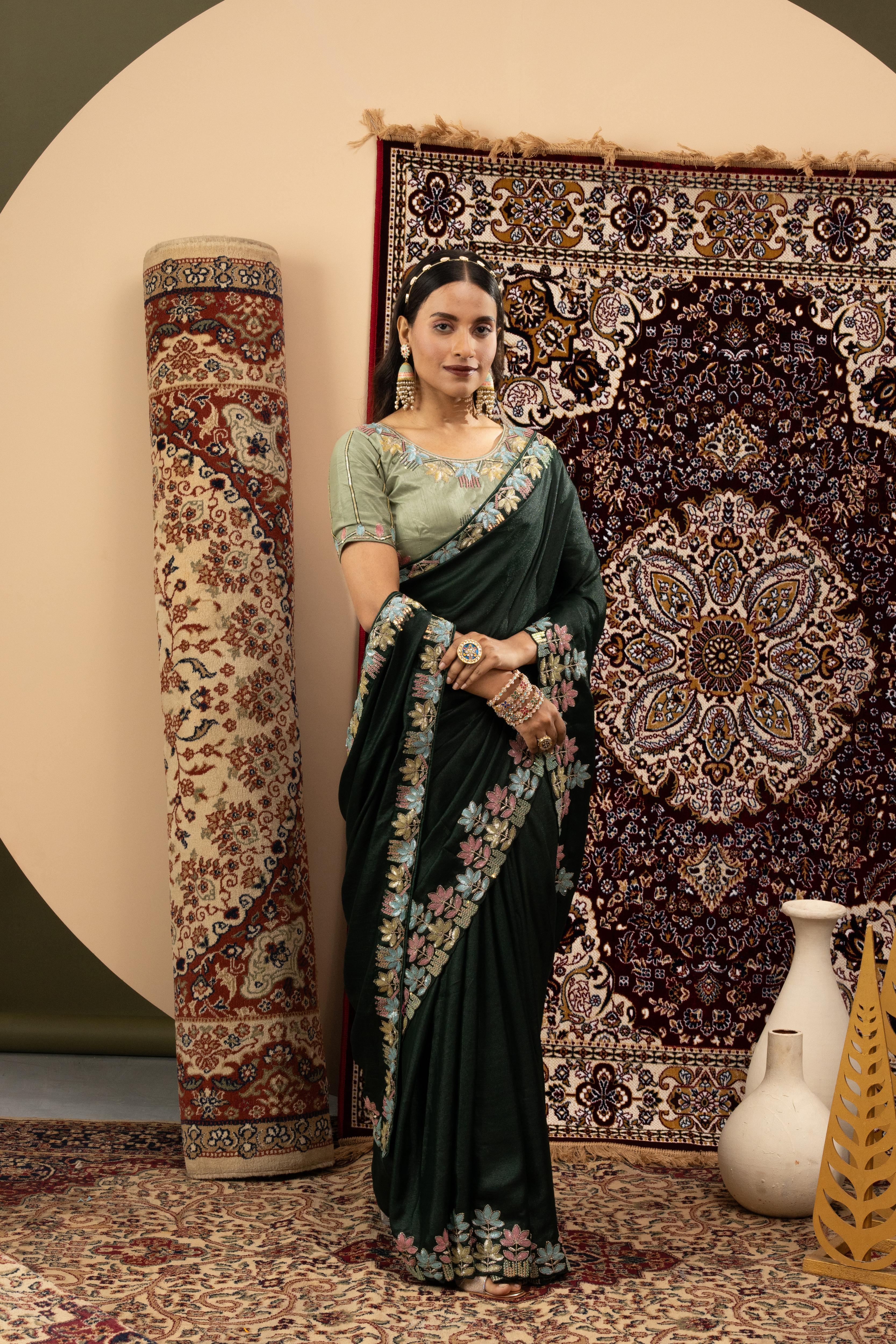 Green Sparkle Georgette Saree with Embroidery