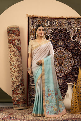Handloom Silk Chiku Skyblue Saree