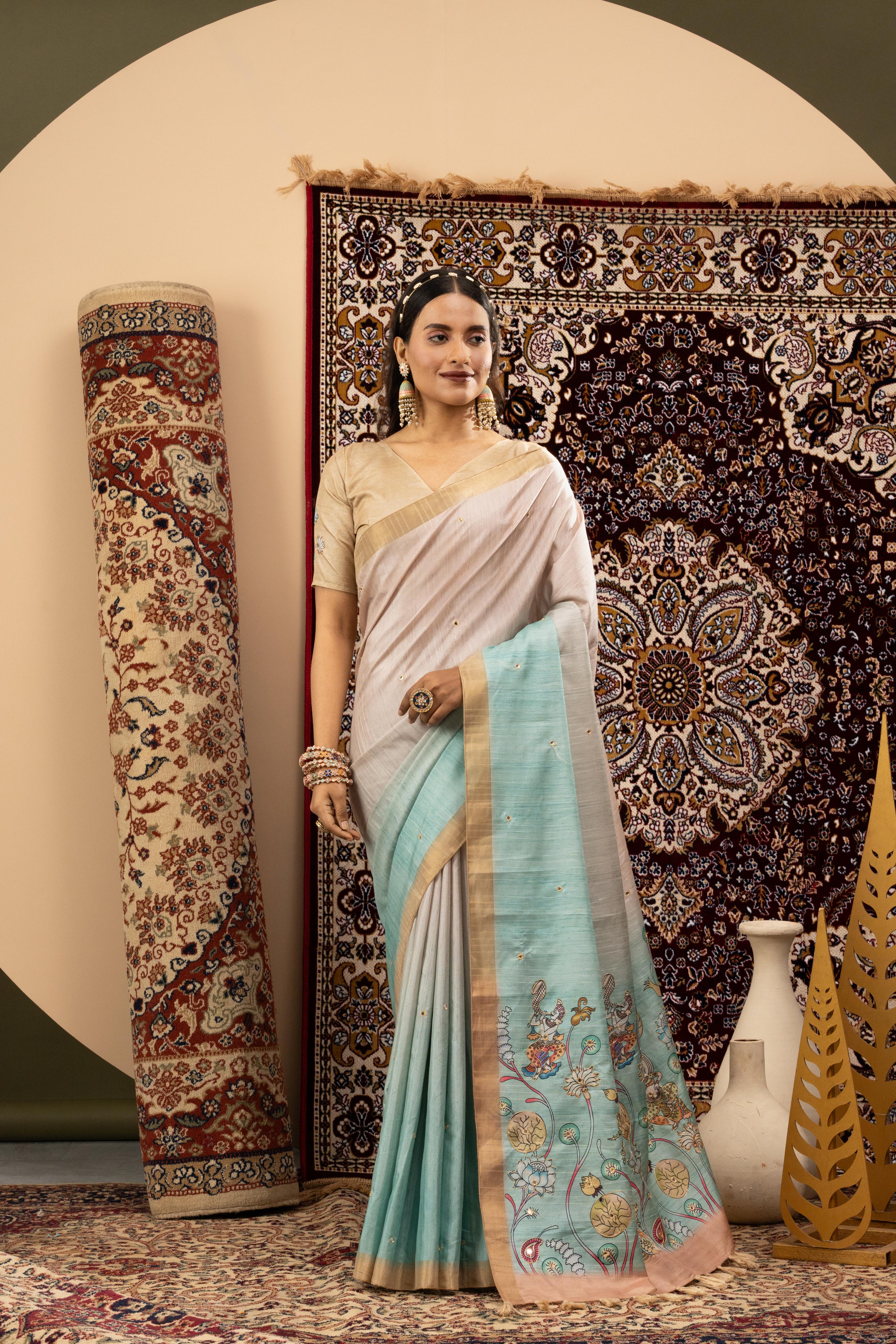 Handloom Silk Chiku Skyblue Saree