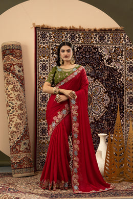 Red Zoma Silk Saree with Green Blouse