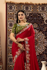 Red Zoma Silk Saree with Green Blouse