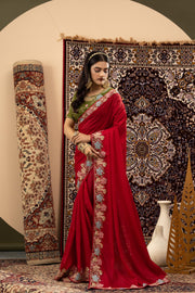 Red Zoma Silk Saree with Green Blouse