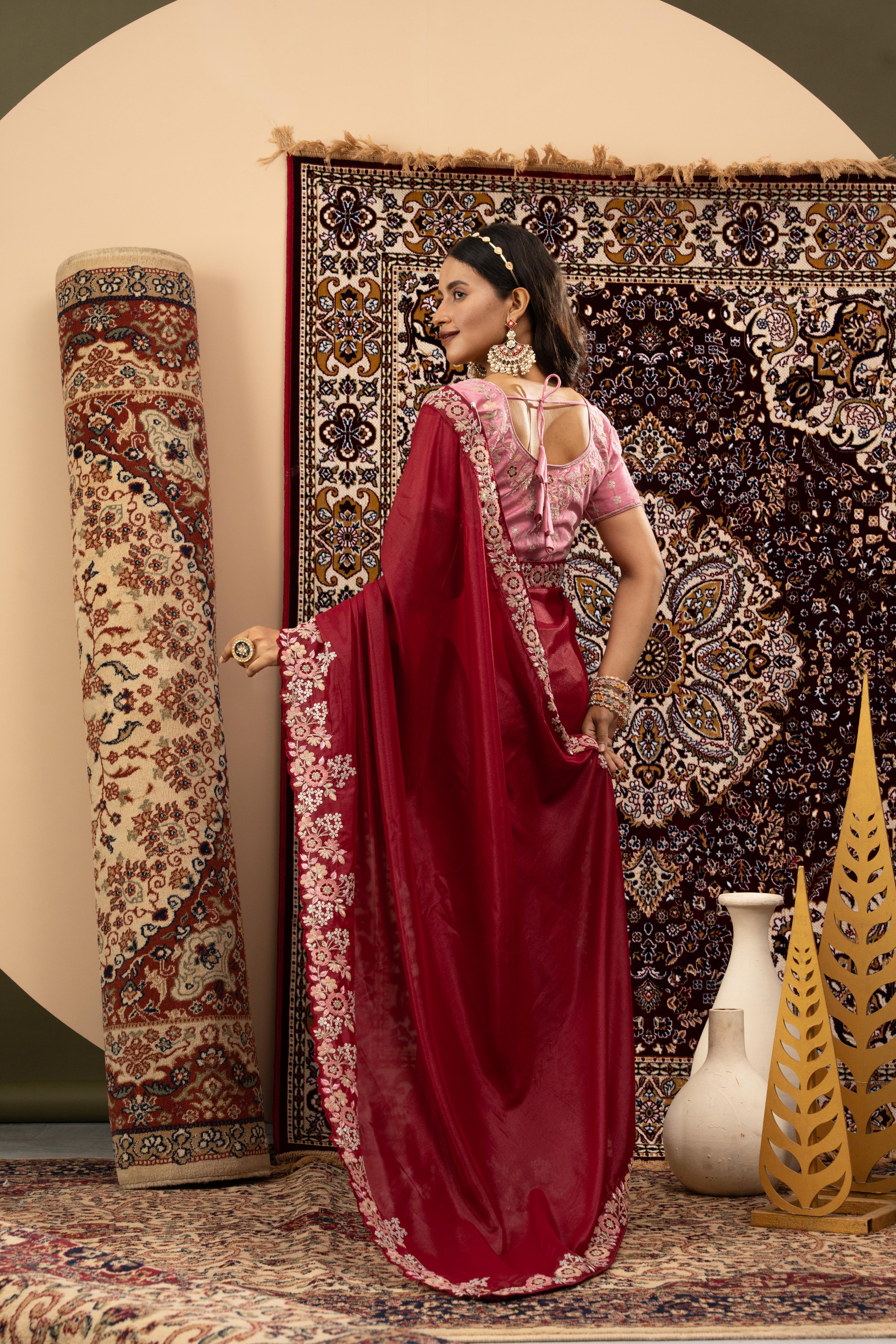 Maroon Sparkle Georgette Saree with Pink Blouse