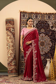 Maroon Sparkle Georgette Saree with Pink Blouse
