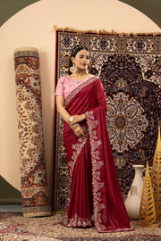 Maroon Sparkle Georgette Saree with Pink Blouse