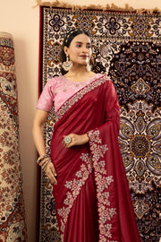 Maroon Sparkle Georgette Saree with Pink Blouse