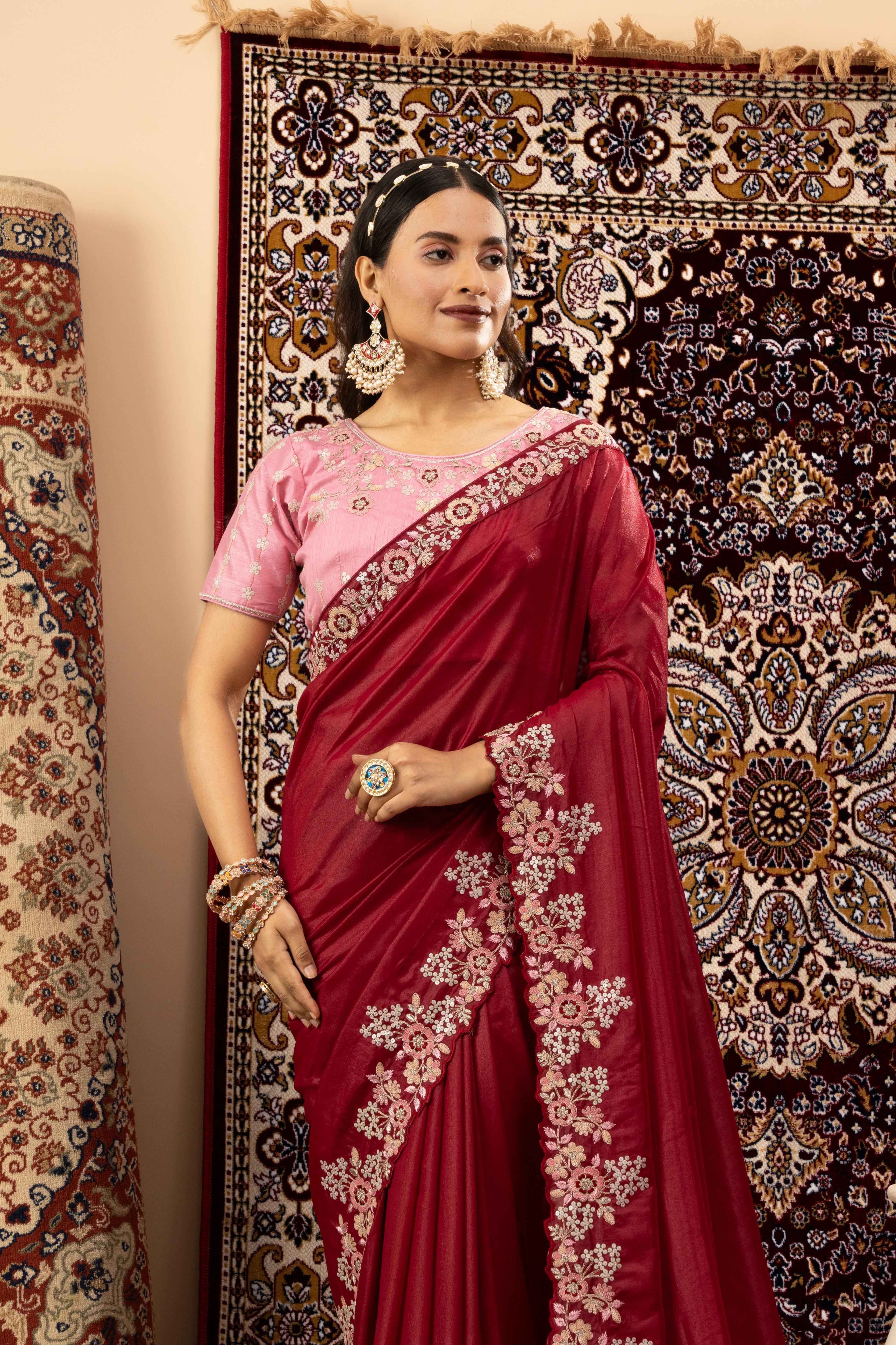 Maroon Sparkle Georgette Saree with Pink Blouse