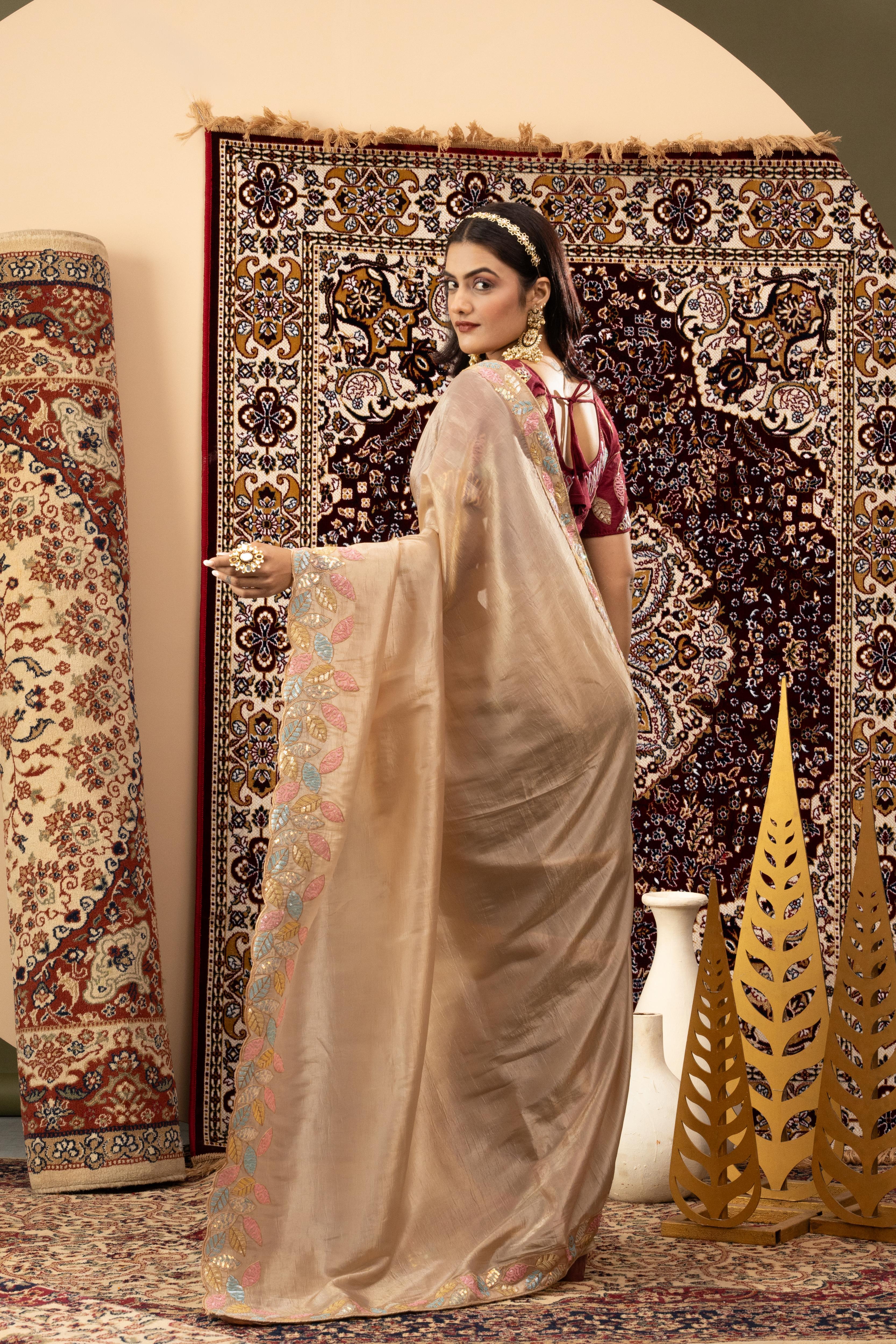 Chiku Crystal Silk Saree with Maroon Blouse