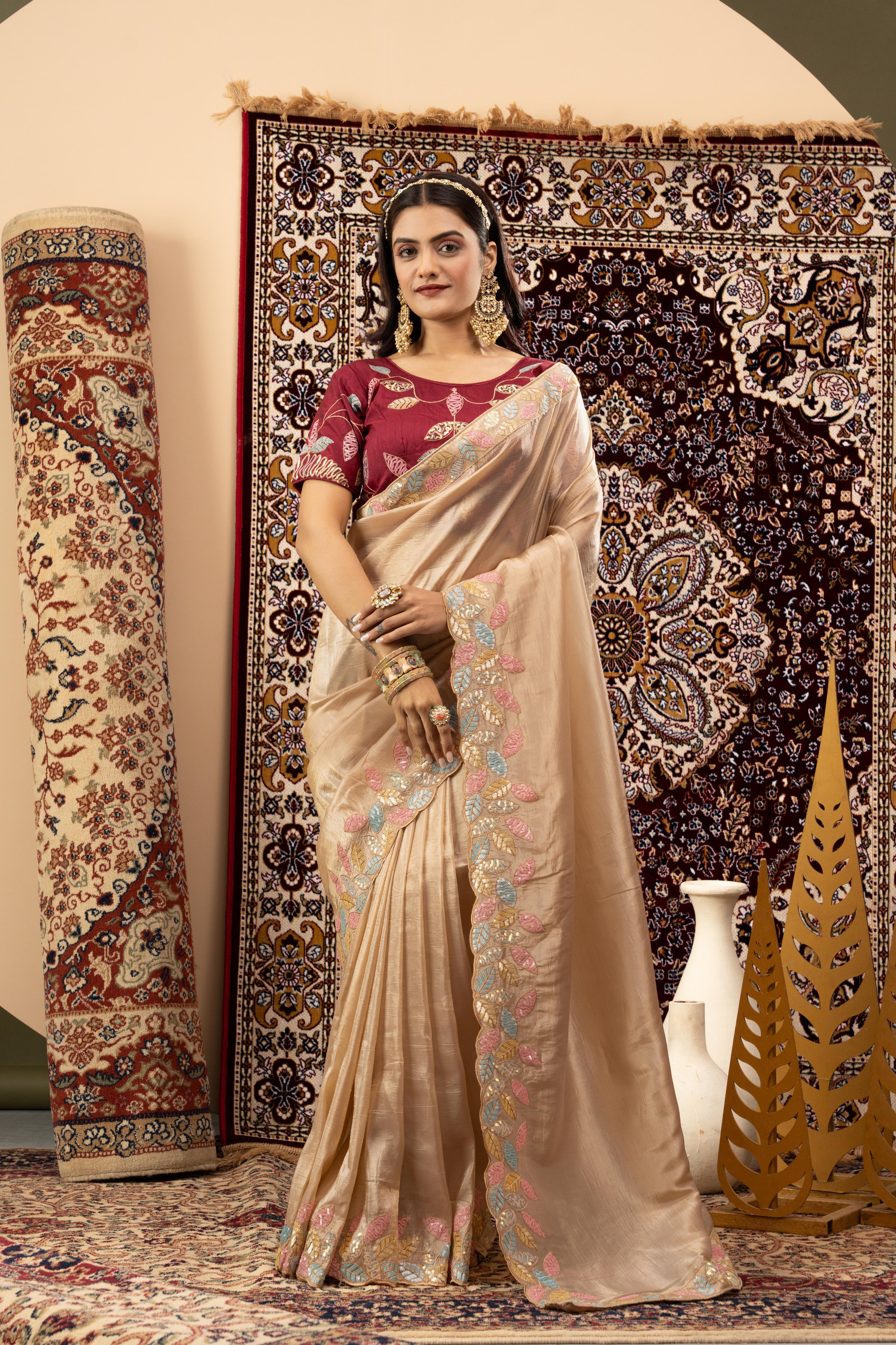 Chiku Crystal Silk Saree with Maroon Blouse