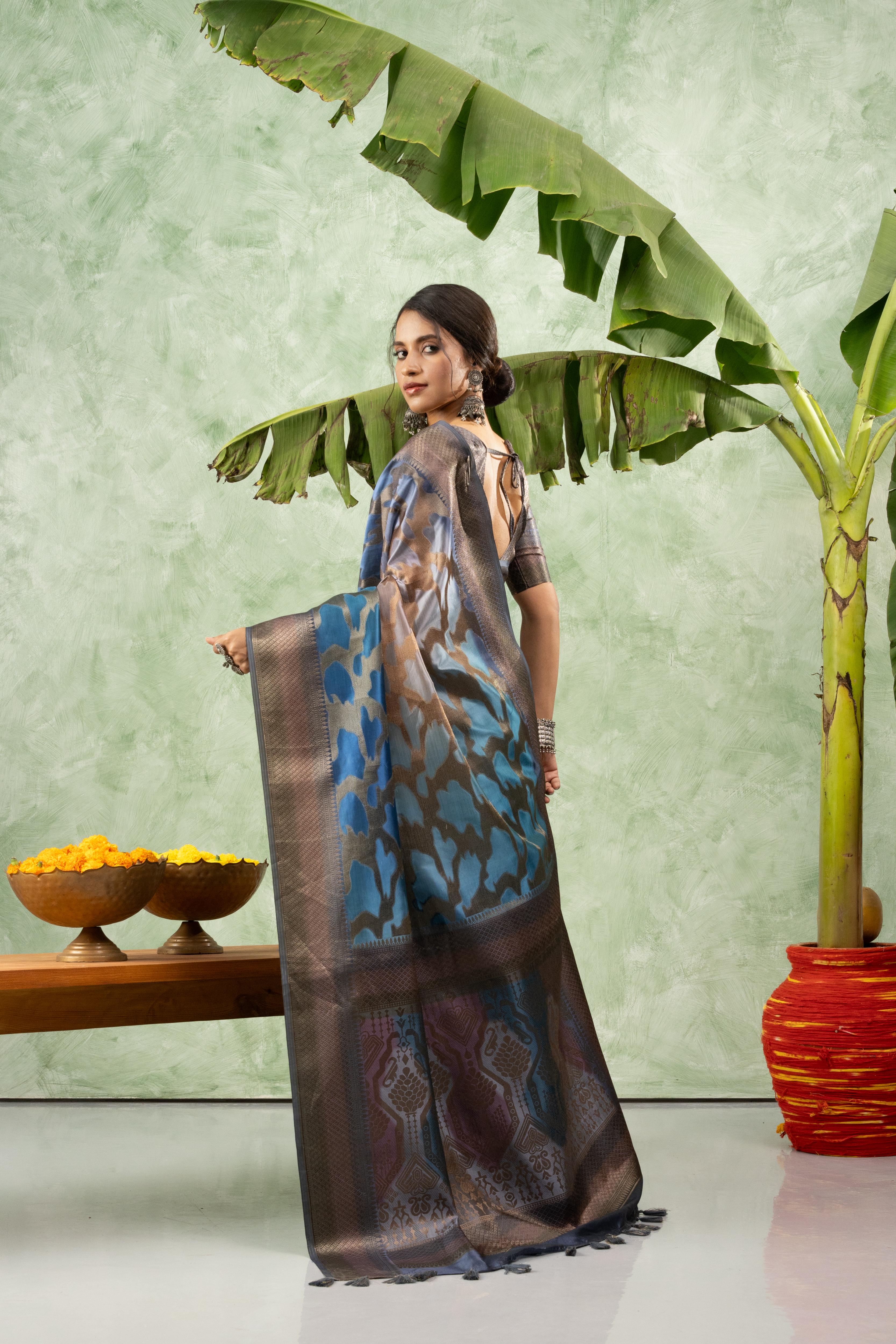 Blue Printed Jacquard Saree with Pallu