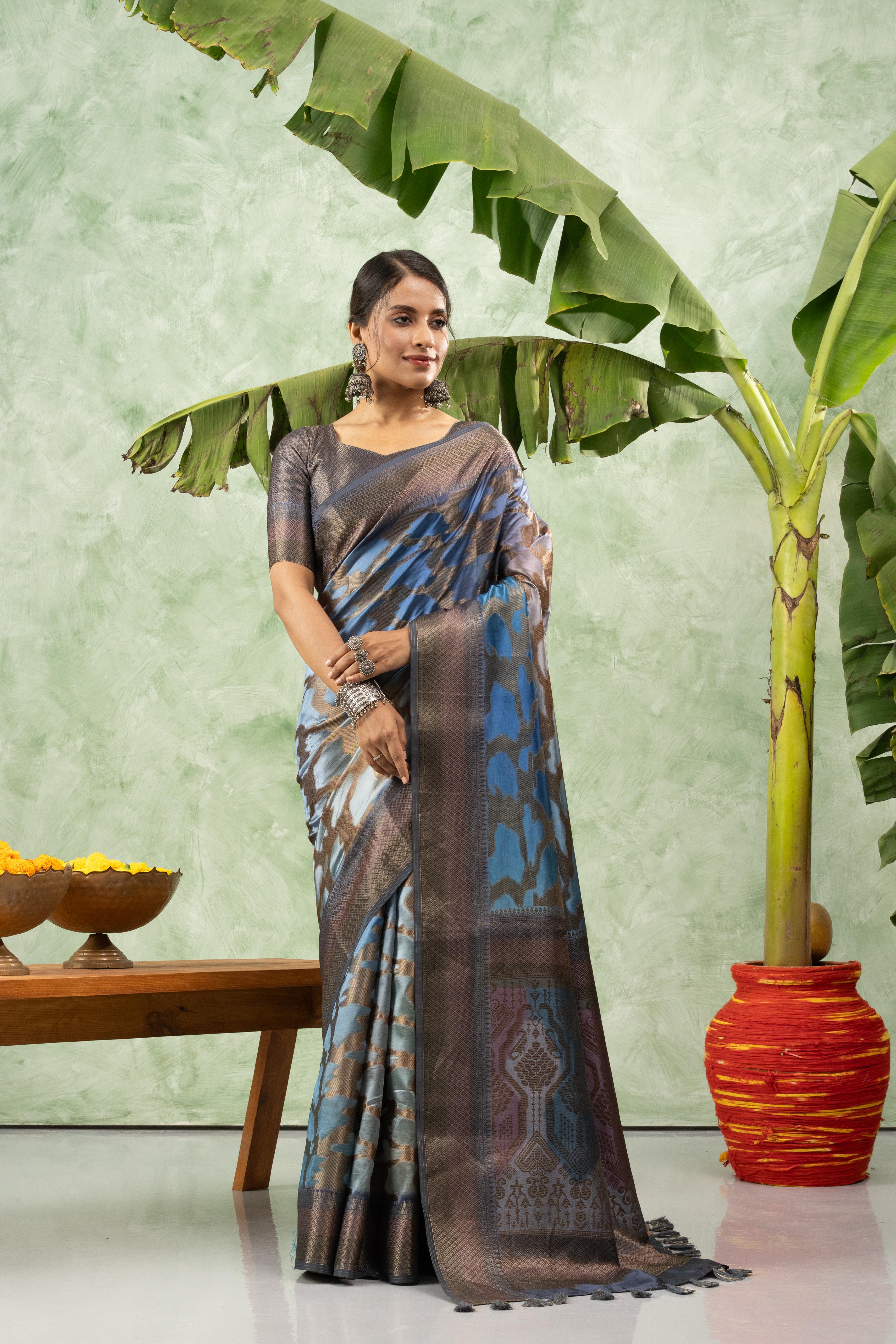 Blue Printed Jacquard Saree with Pallu