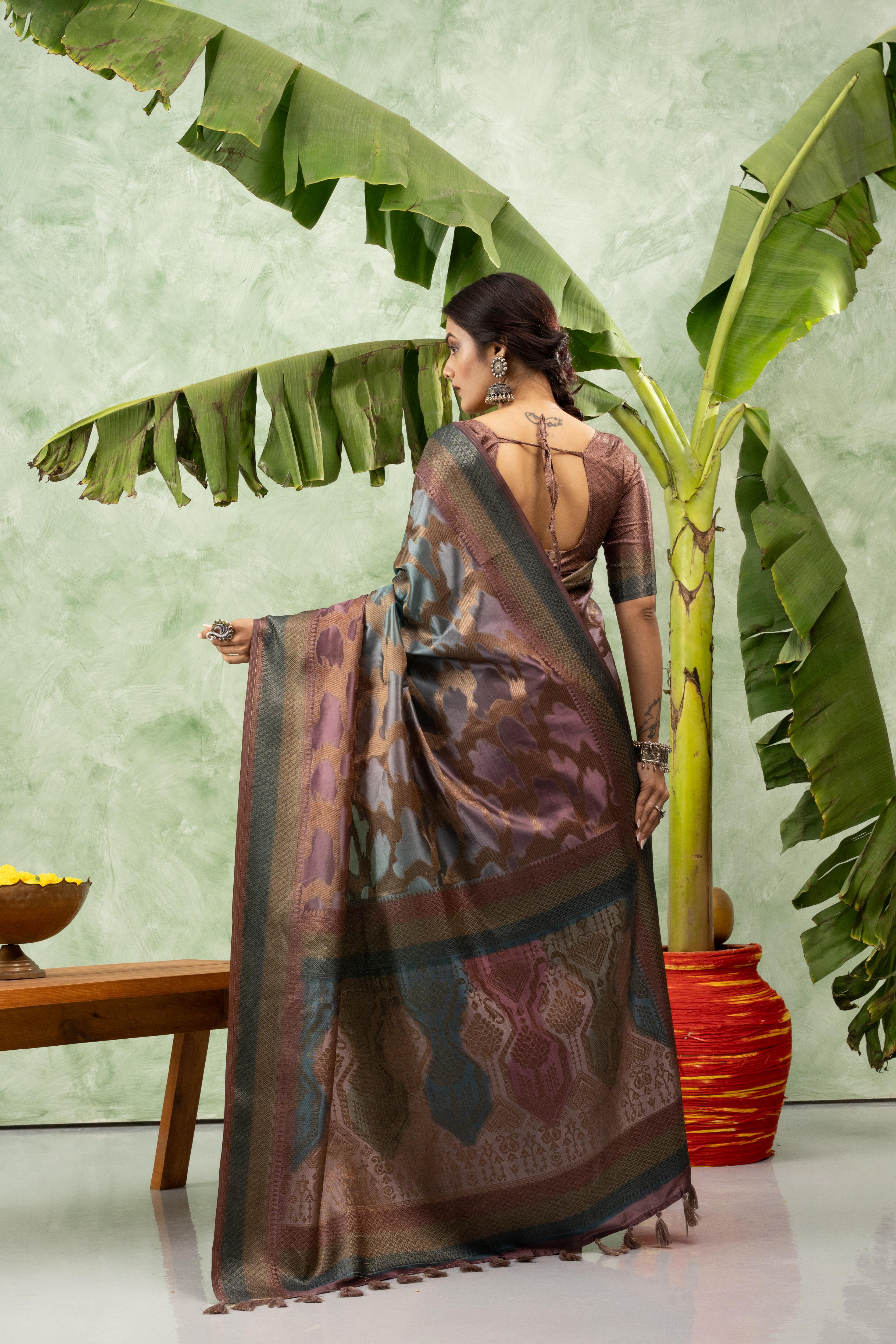 Printed Brown Jacquard Saree with Pallu