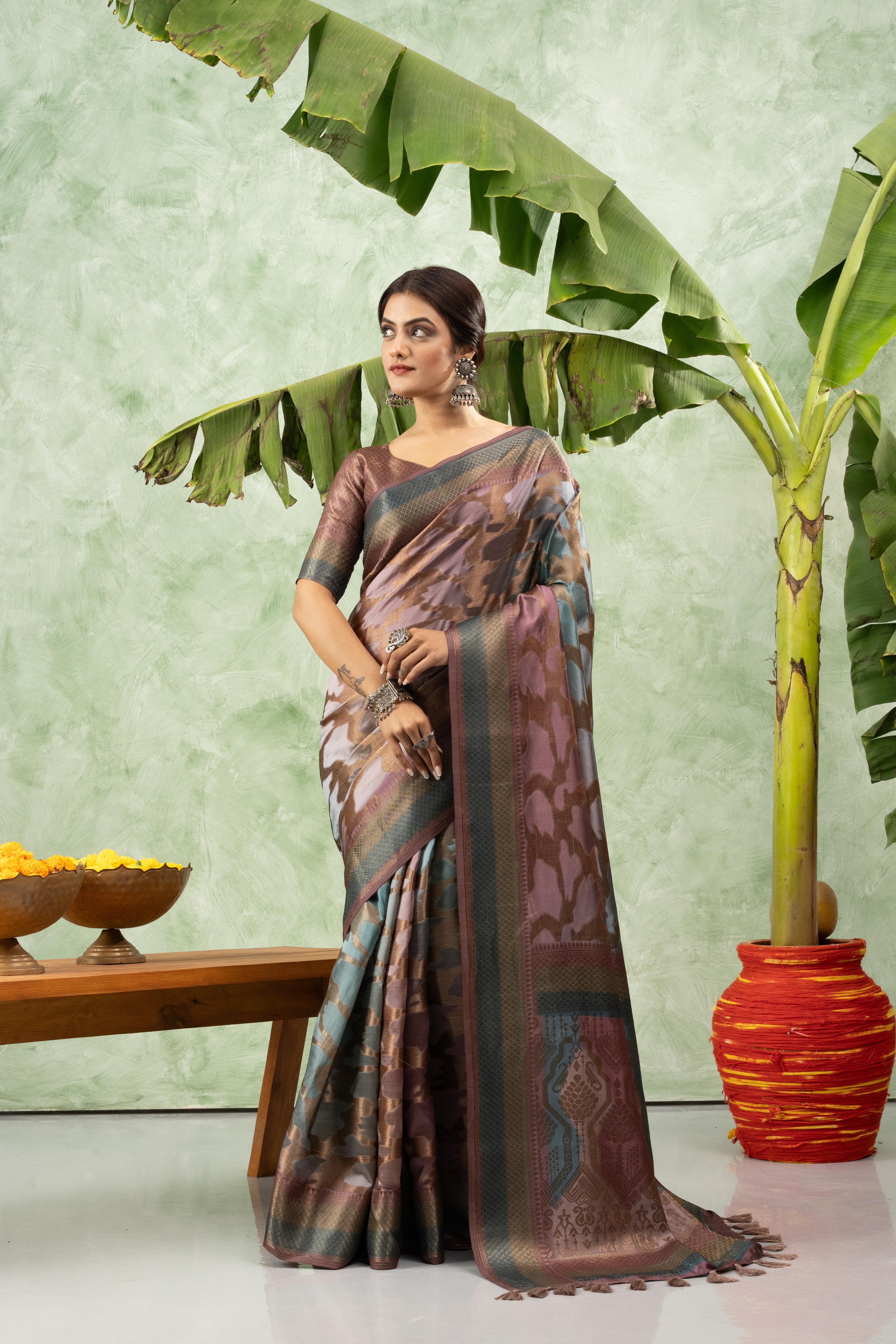 Printed Brown Jacquard Saree with Pallu