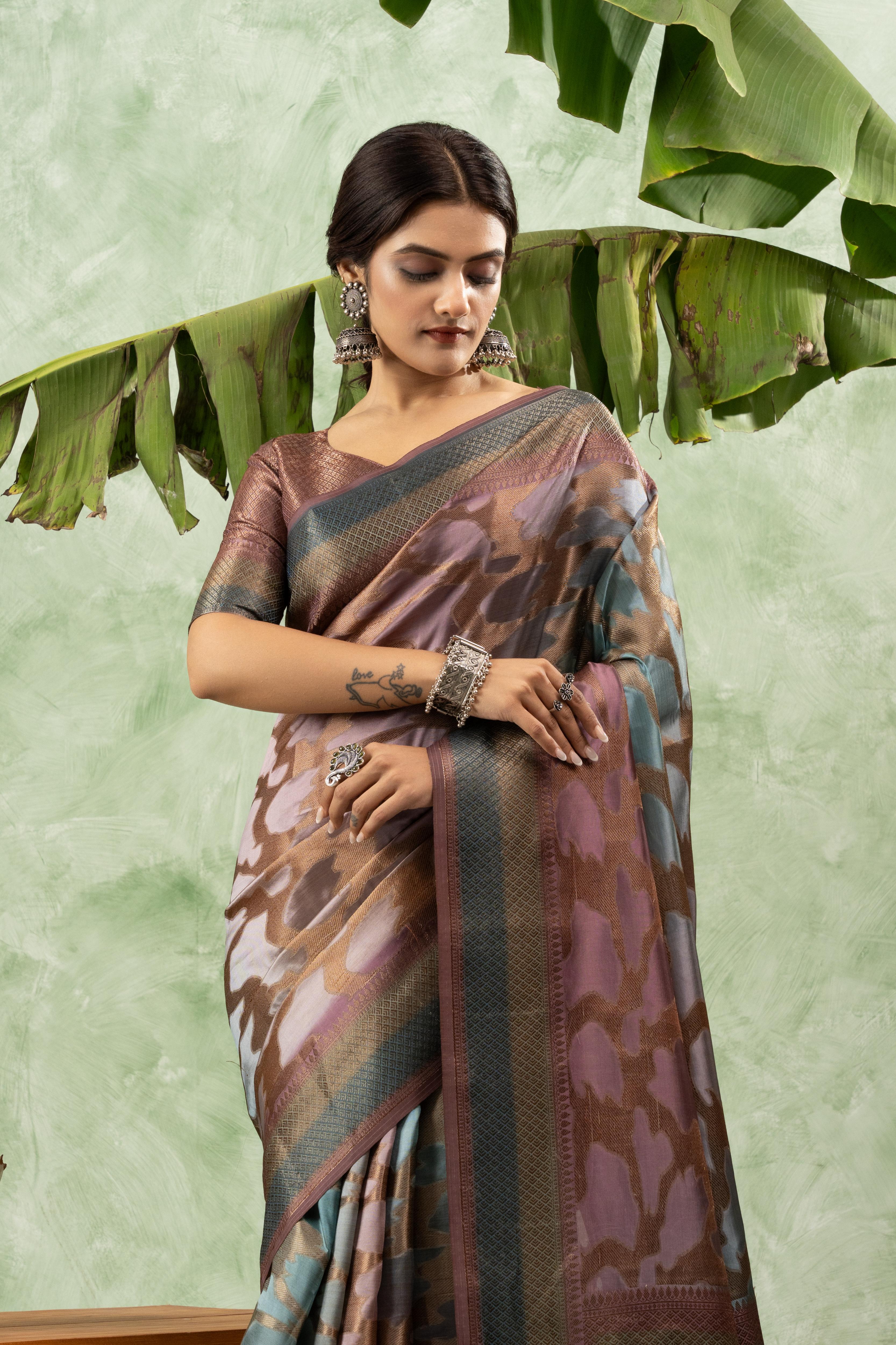 Printed Brown Jacquard Saree with Pallu