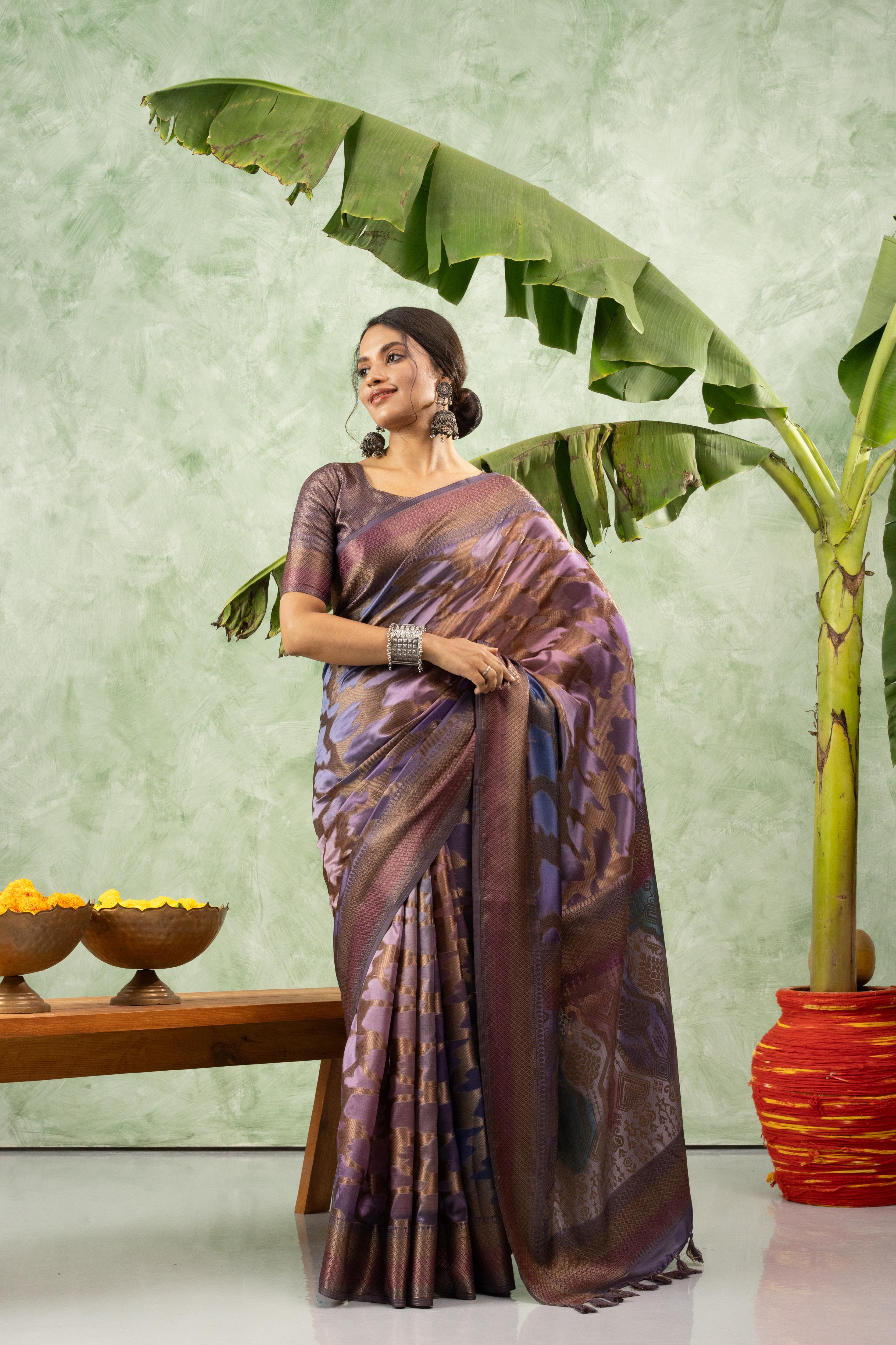Charming Purple Jacquard Saree with Print