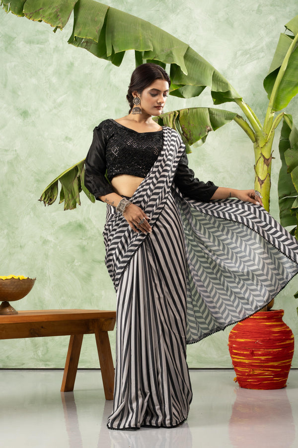 Black and white printed chiffon saree sedoracouture