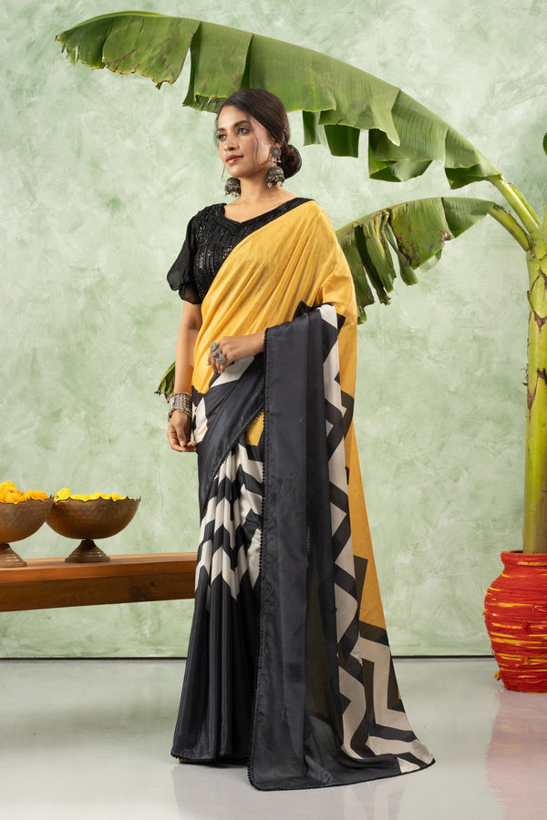 Black and yellow printed chiffon saree sedoracouture