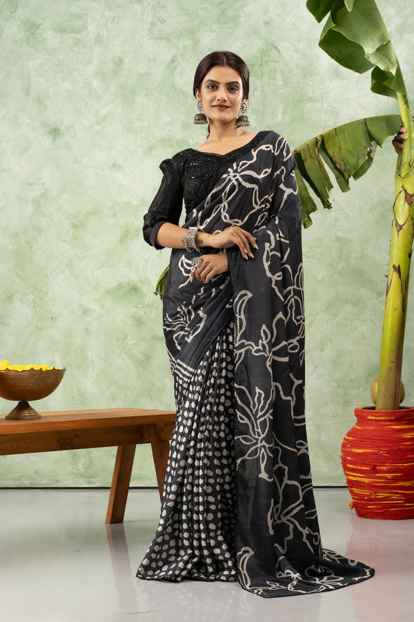 Black and grey printed chiffon saree sedoracouture