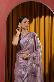 Hand Brush Print Purple Barbella Silk Saree