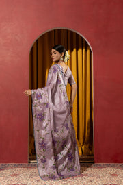 Hand Brush Print Purple Barbella Silk Saree