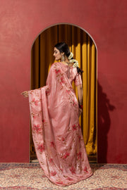 Hand Brush Print Pink Barbella Silk Saree