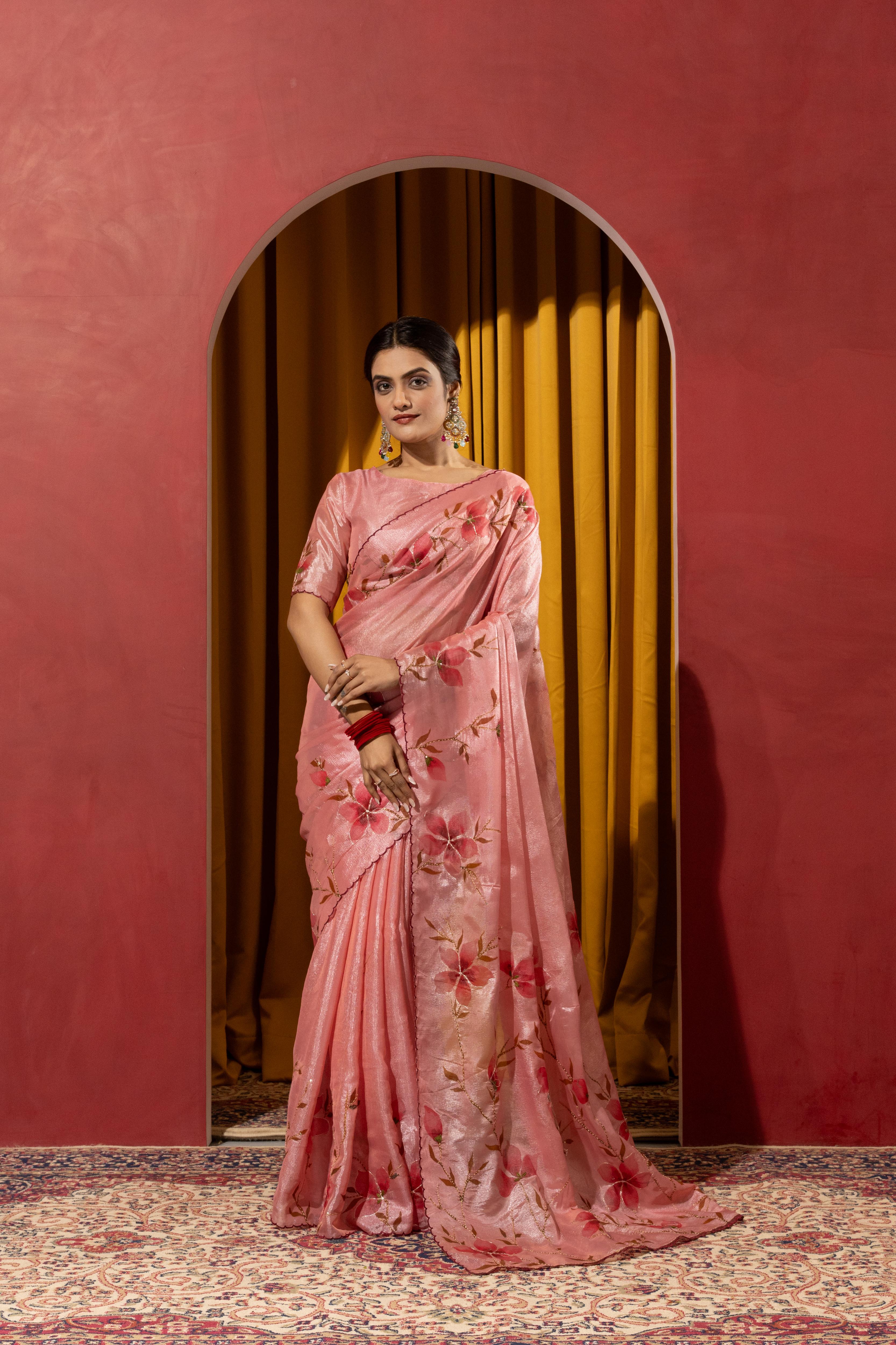 Hand Brush Print Pink Barbella Silk Saree