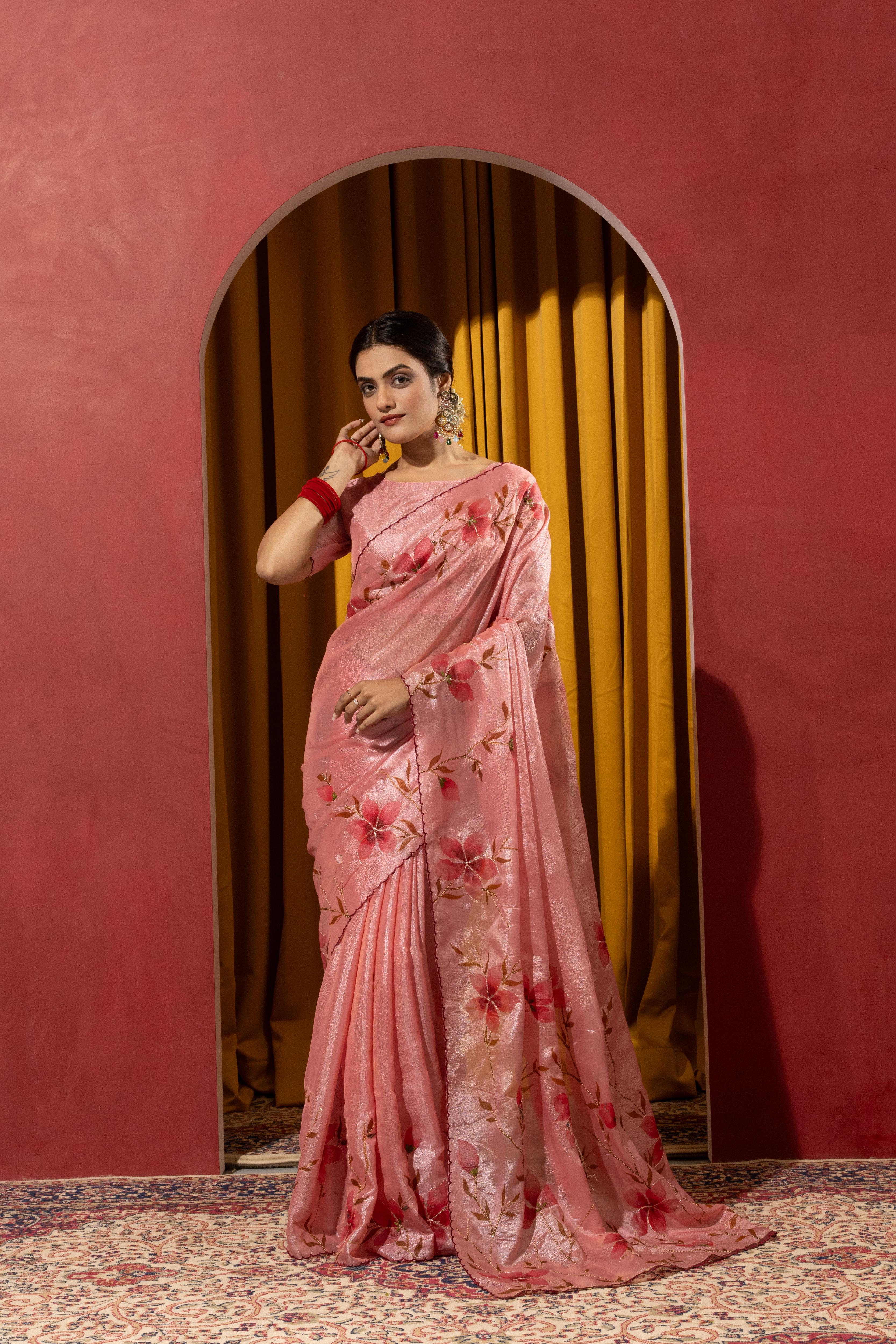 Hand Brush Print Pink Barbella Silk Saree
