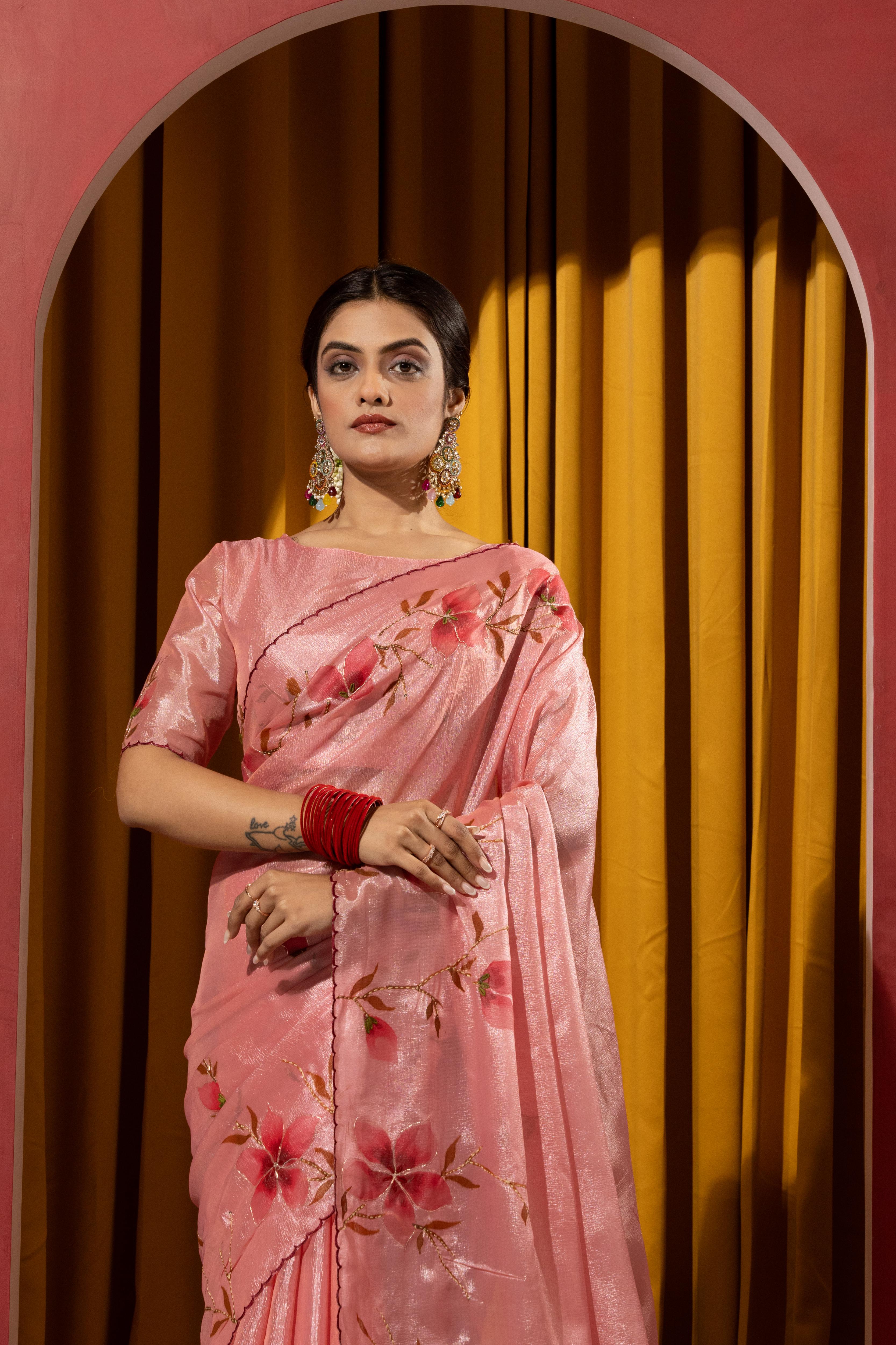 Hand Brush Print Pink Barbella Silk Saree