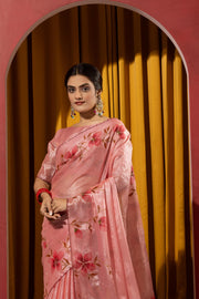 Hand Brush Print Pink Barbella Silk Saree