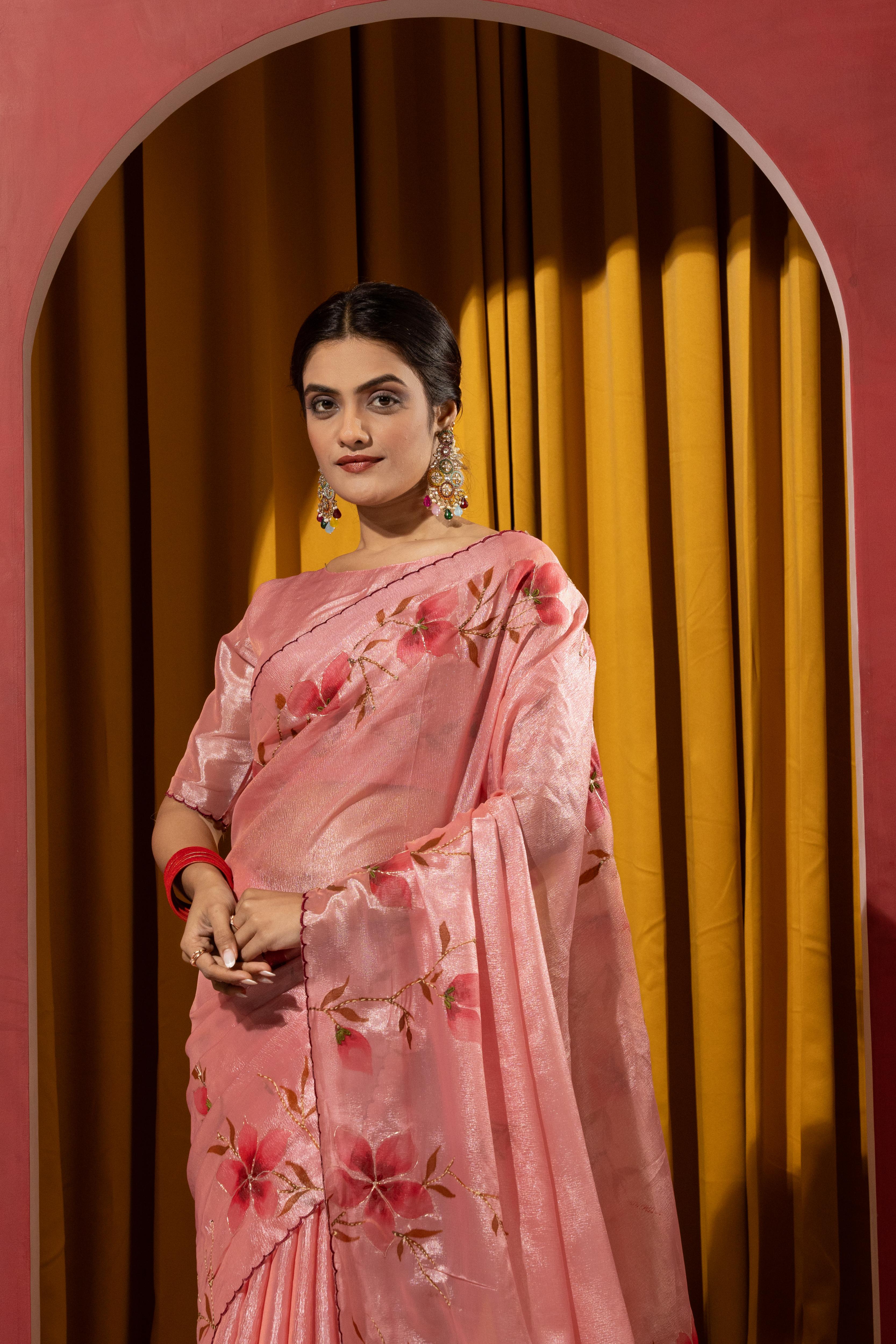 Hand Brush Print Pink Barbella Silk Saree