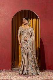 Beige Collom Silk Saree with Artisanal Knotwork