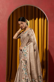 Beige Collom Silk Saree with Artisanal Knotwork