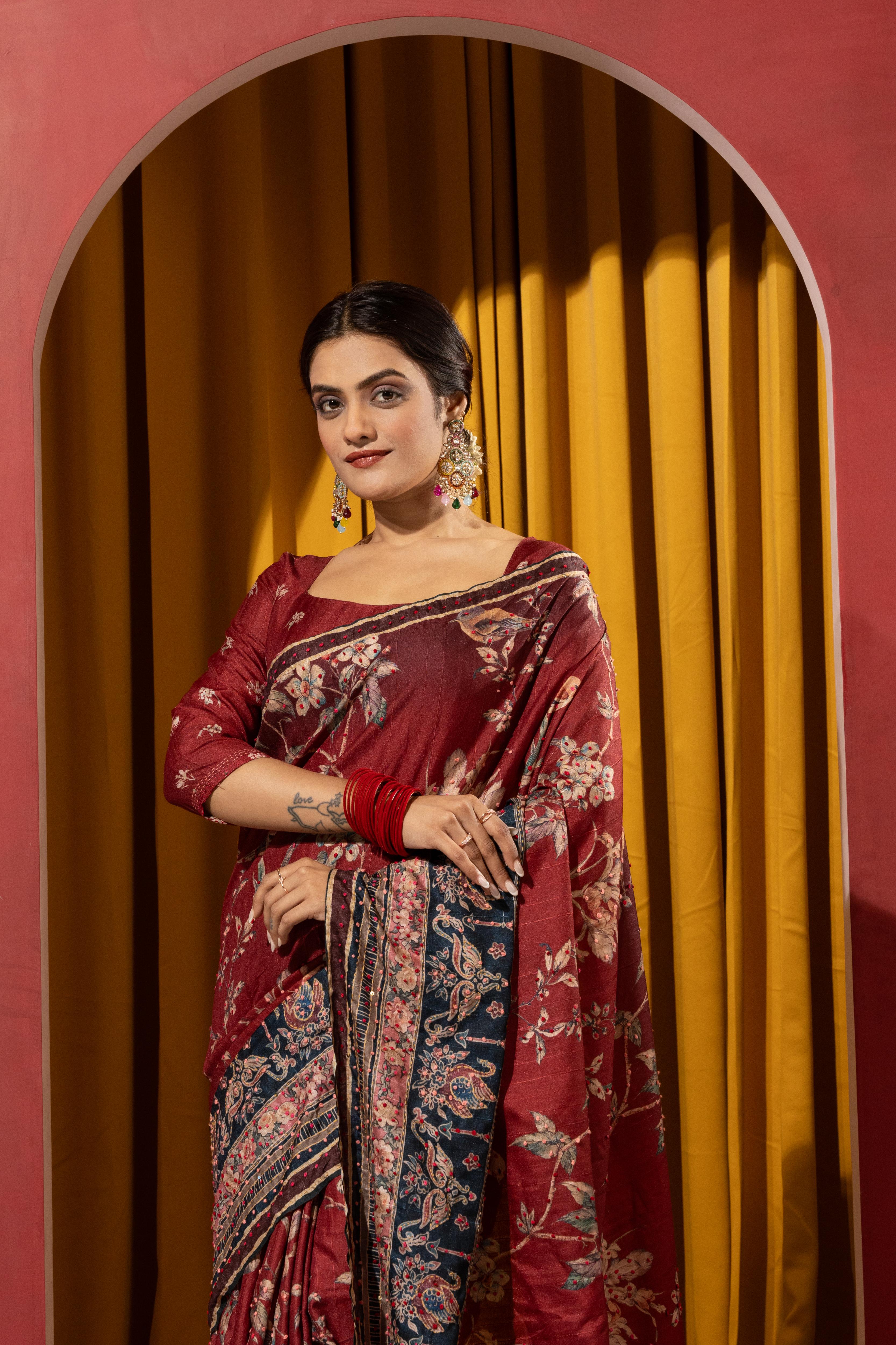 Maroon Collom Silk Saree with Handcrafted Knotwork