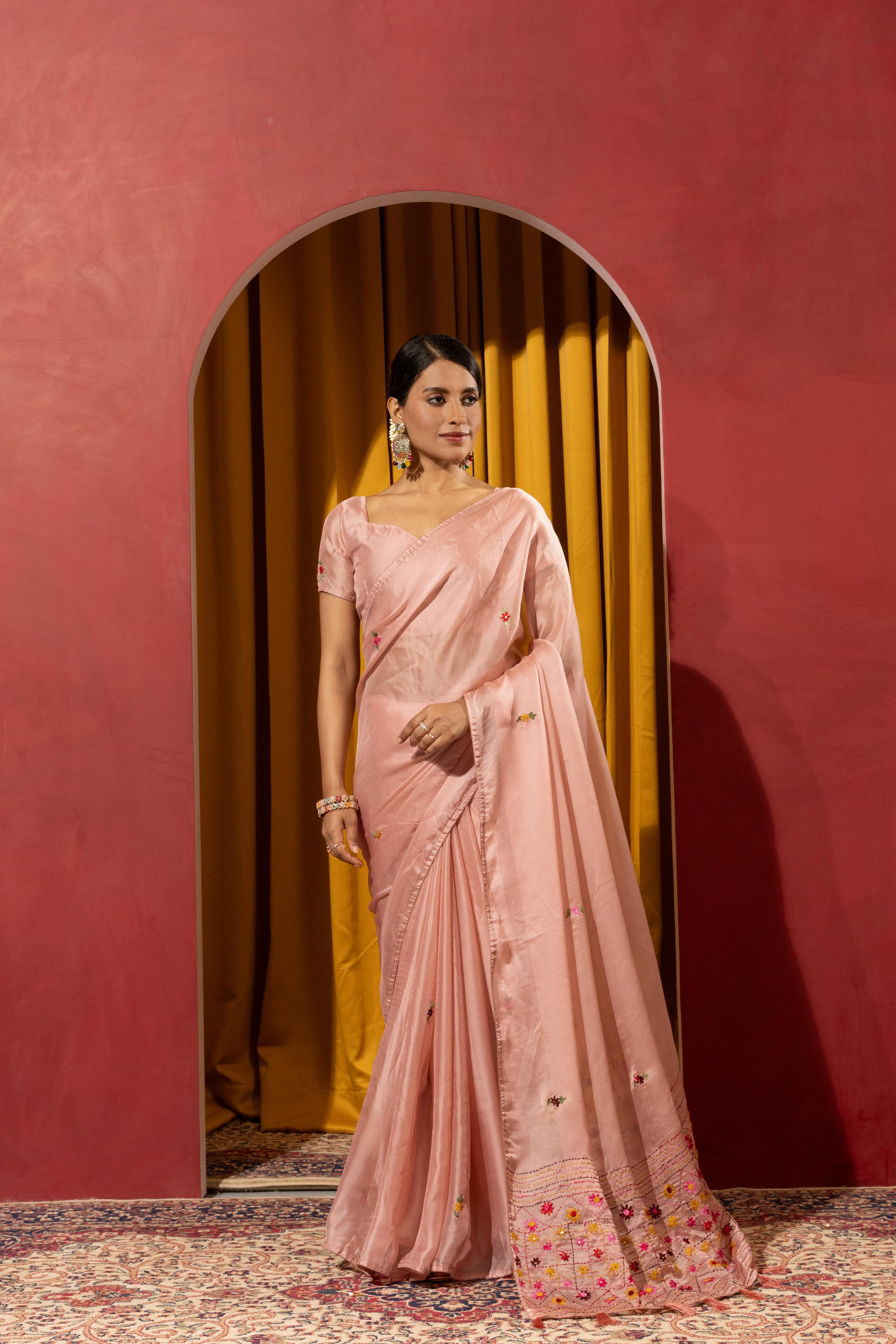 Artisan Peach Saree with Kashmiri Detailing sedoracouture