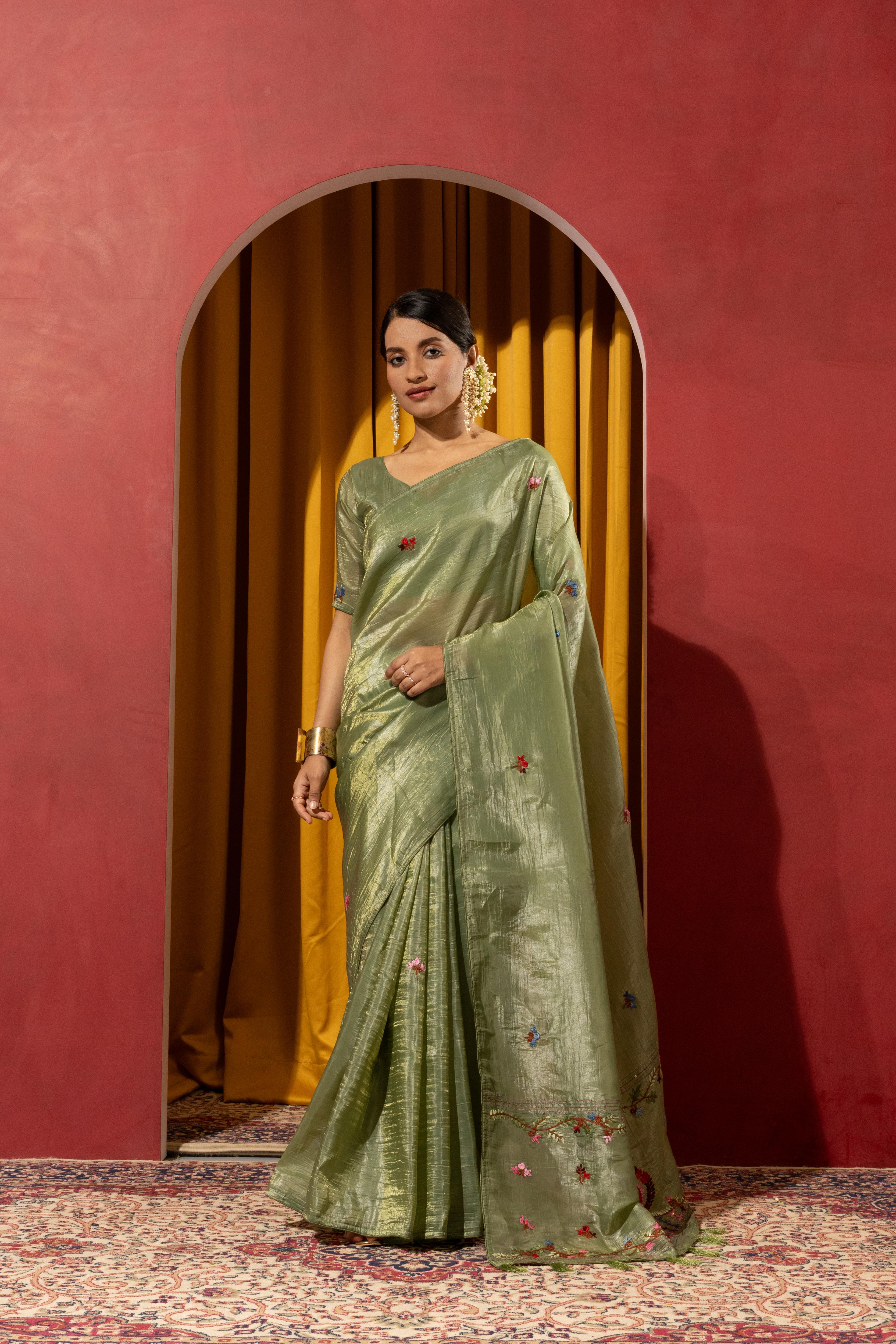 Graceful Green Saree with Kashmiri Detailing