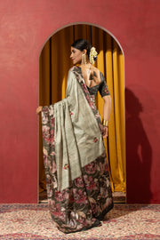 Cyan Collom Silk Saree with Hand Knotwork