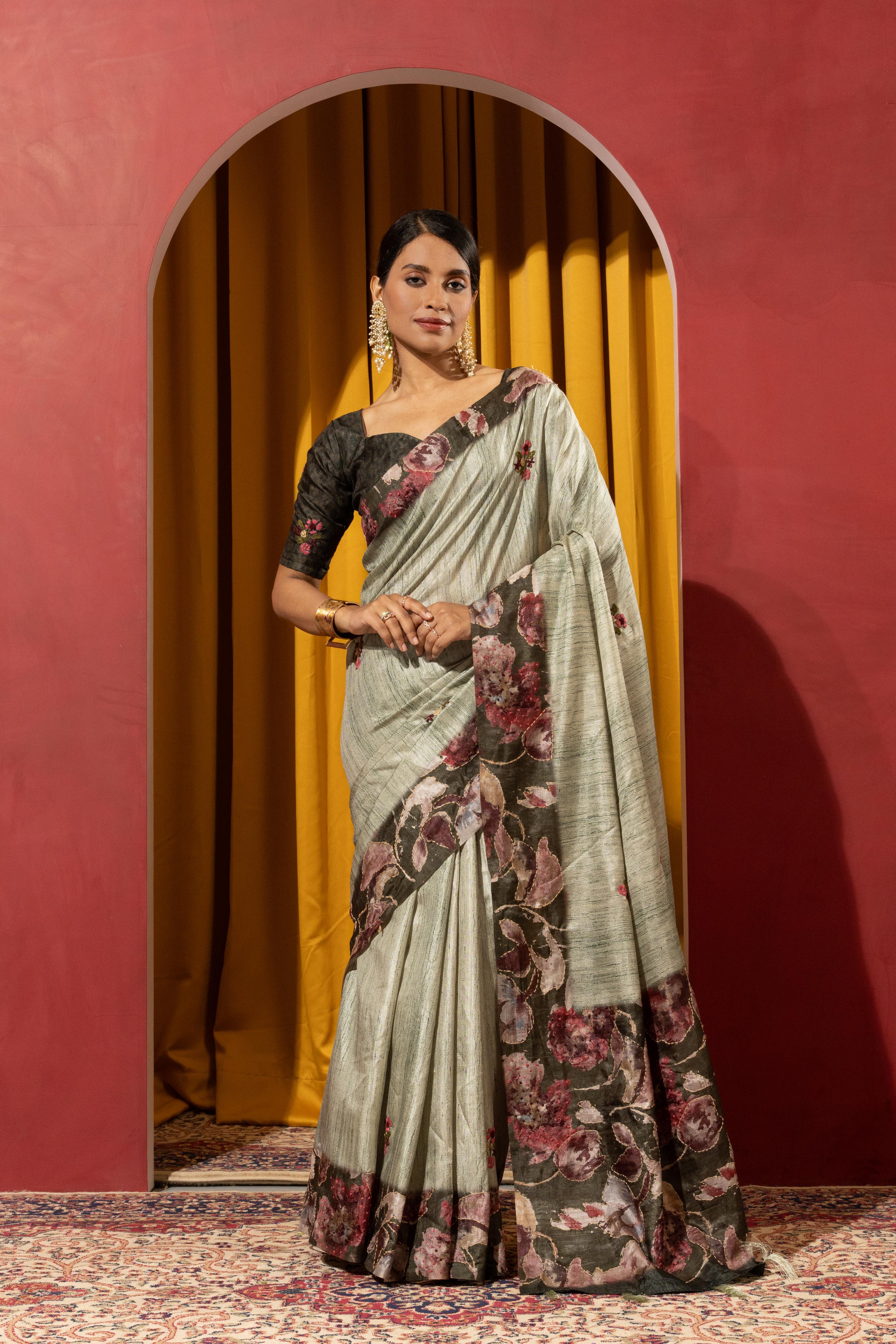 Cyan Collom Silk Saree with Hand Knotwork